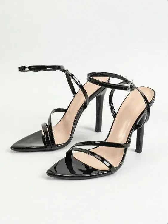 Fashionable Party High Heels Women's Pointed Toe Patent Leather Cross Ankle Strap Sandals Rubber Sole Square Head Shape