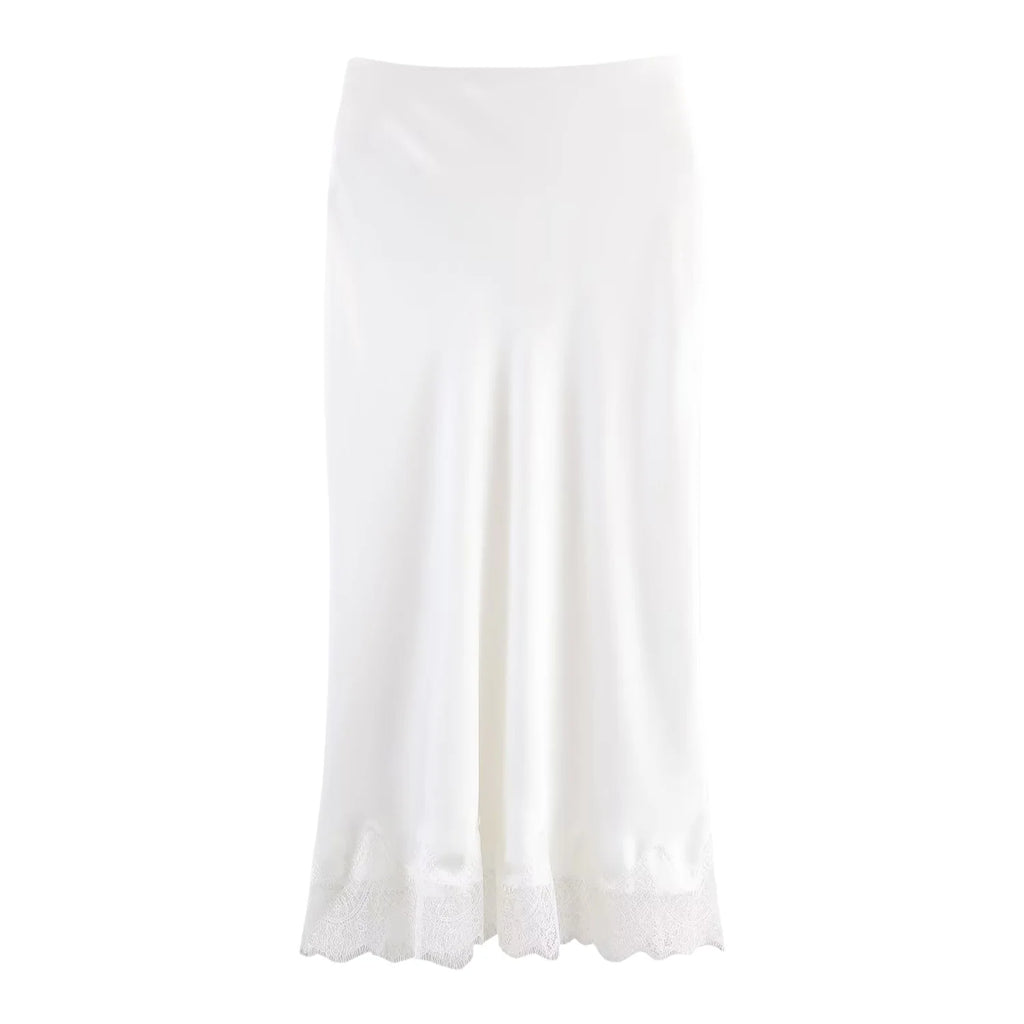 SAW Independent Station Sexy Lace Patchwork Satin Feel Mini Skirt Autumn Fashion Trendy Polyester Fiber Long A-Line Skirt