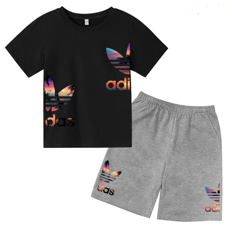 Kids T-shirt Set Colorful Letter Print Boys Girls 3-12Yrs Gift Short-sleeved+shorts 2P Round Neck Sports Casual Charming Clothes