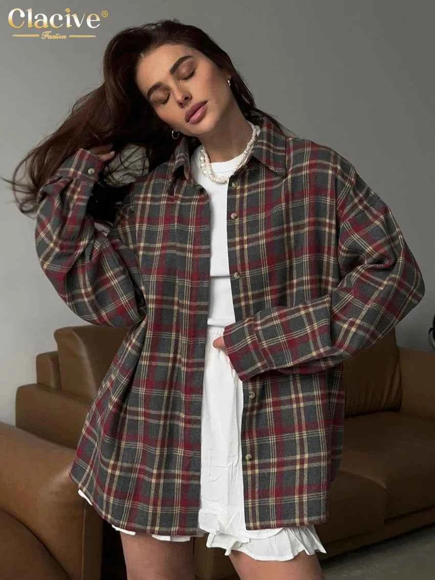 Clacive Fashion Loose Plaid Women's Shirt 2025 Vintage Lapel Long Sleeve Blouses Elegant Classic Blusas Top Female Clothing
