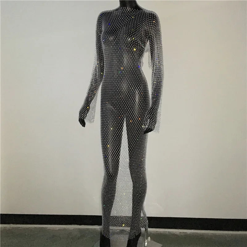 Y2K Sexy Shiny Rhinestones Grid Fishnet Dress Long Sleeve Hollow Out Side Slit Dress Beach Cover Up Breathable Lady Vestidos