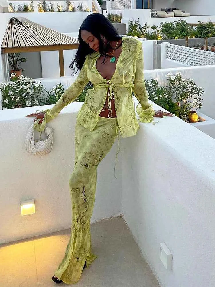 Print Y2K Mesh Long Sleeve Top Shirts Green and Maxi Skirt Bodycon Two Piece Sets Beach Outfits Women Club
