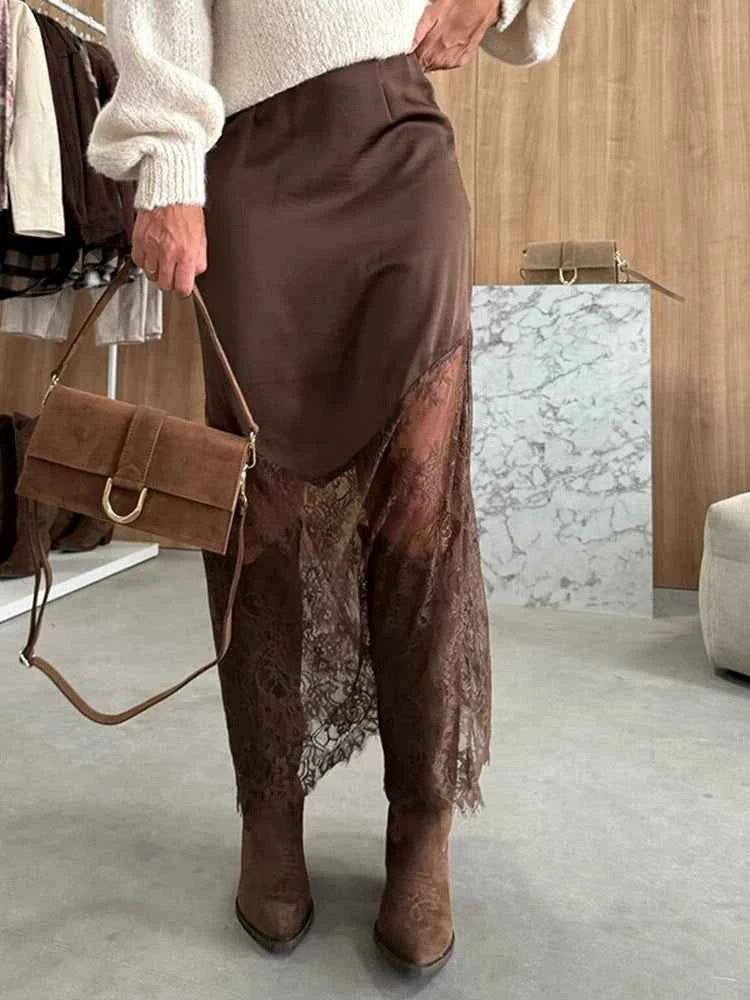 Sexy Lace Patchwork Long Skirt Women Elegant Fashion Solid Waist Cinched Mid-length Bottom Lady 2025 Party Daily Street Skirts