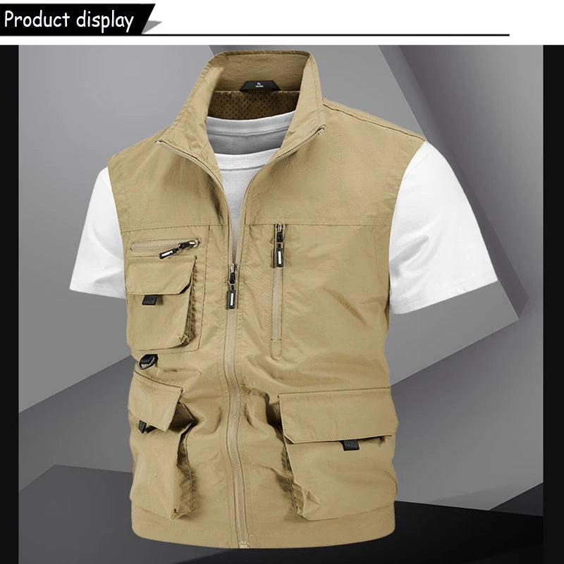 2024 Summer Men Sleeveless Fishing Tool Webbed Breathable Vest Men Many Pocket Outdoors Camping Thin Lightweight Loose Vest Male