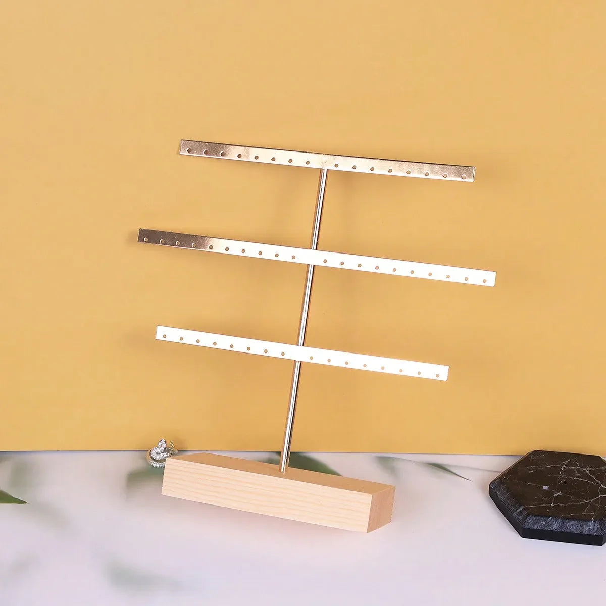 Wooden Base 52-Hole Jewelry Organizer Stand with Metal Earring Holder Rack, Ideal for Home Decor and Wedding Accessories