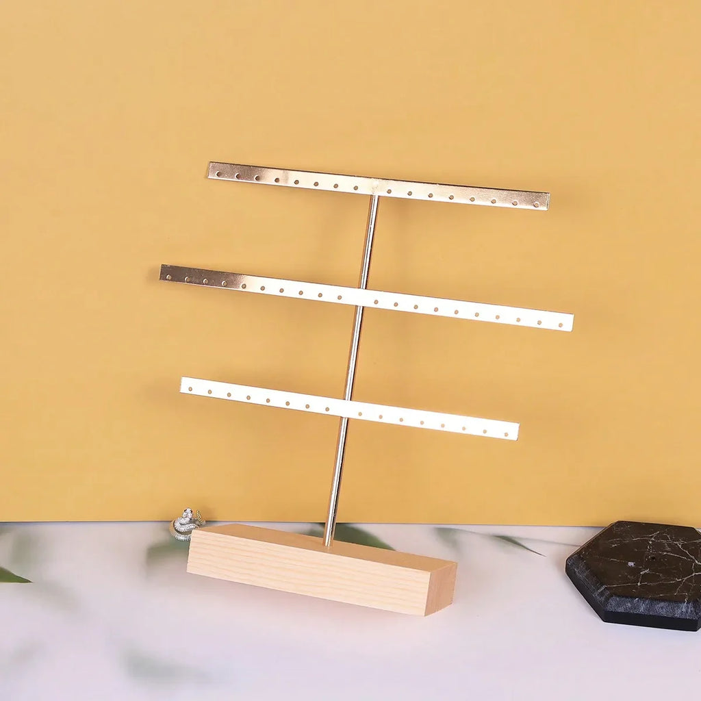 Wooden Base 52-Hole Jewelry Organizer Stand with Metal Earring Holder Rack, Ideal for Home Decor and Wedding Accessories