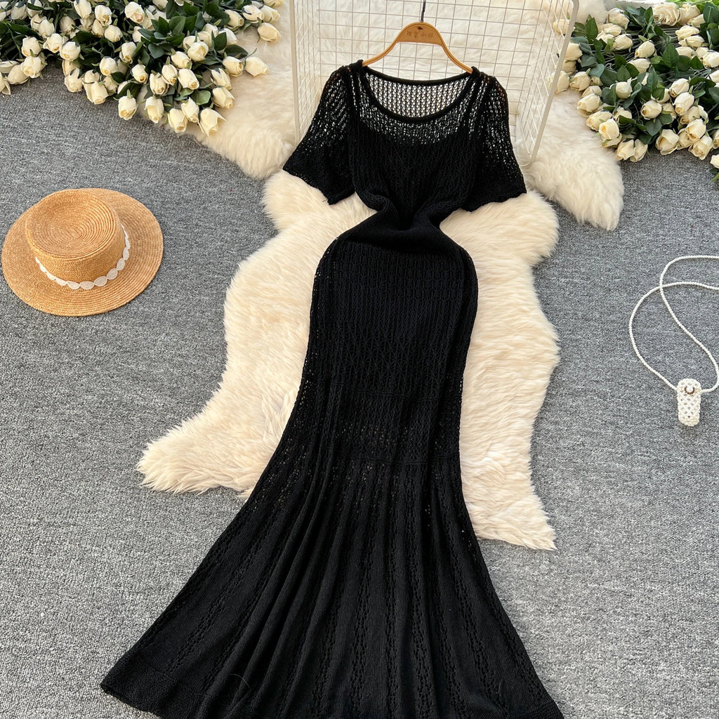 Women Hollow Knitted Dress Summer Flower Short Sleeved Fishtail Bodycon Dress with Camisole Dresses Vintage Party Long Robe