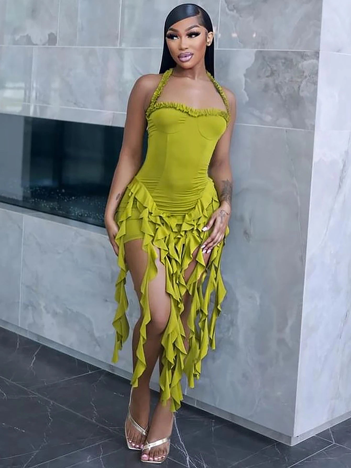 Dulzura Sleeveless Halter Ruffles Patchwork Mini Dress Women’S Solid Sexy Outfit Prom Party Clubwear Autumn Winter Clothes