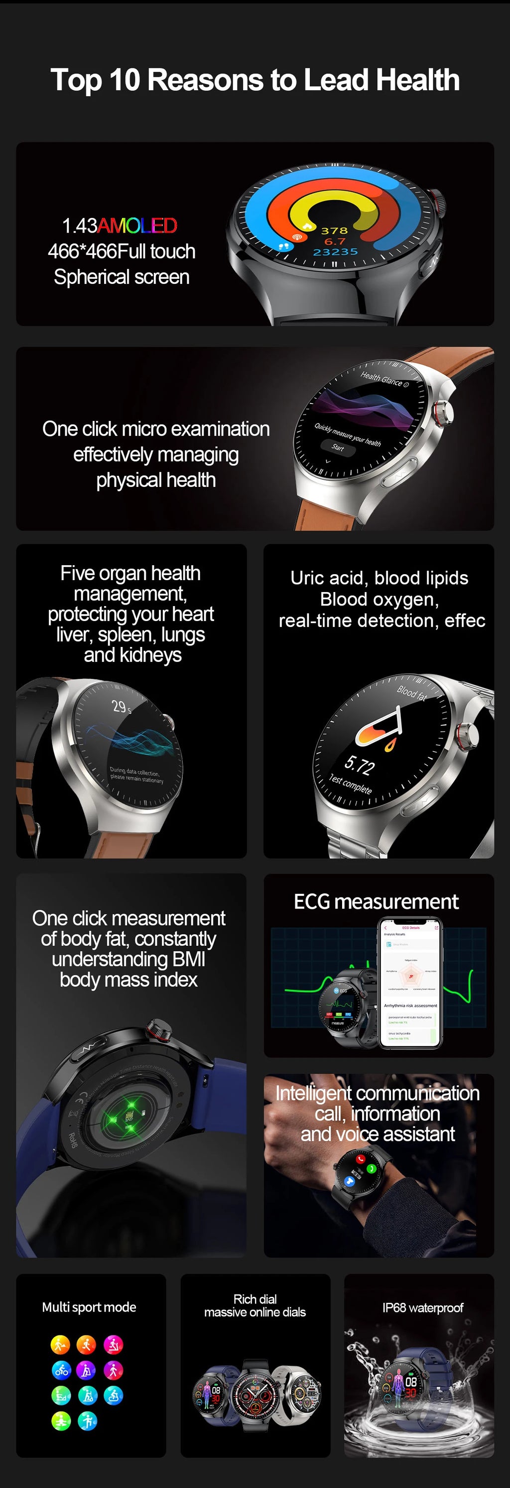 2025 High precision ECG Uric Acid Blood Fat Smart Watch Men Body Fat Blood pressure Heart rate Pulse Health  Watches