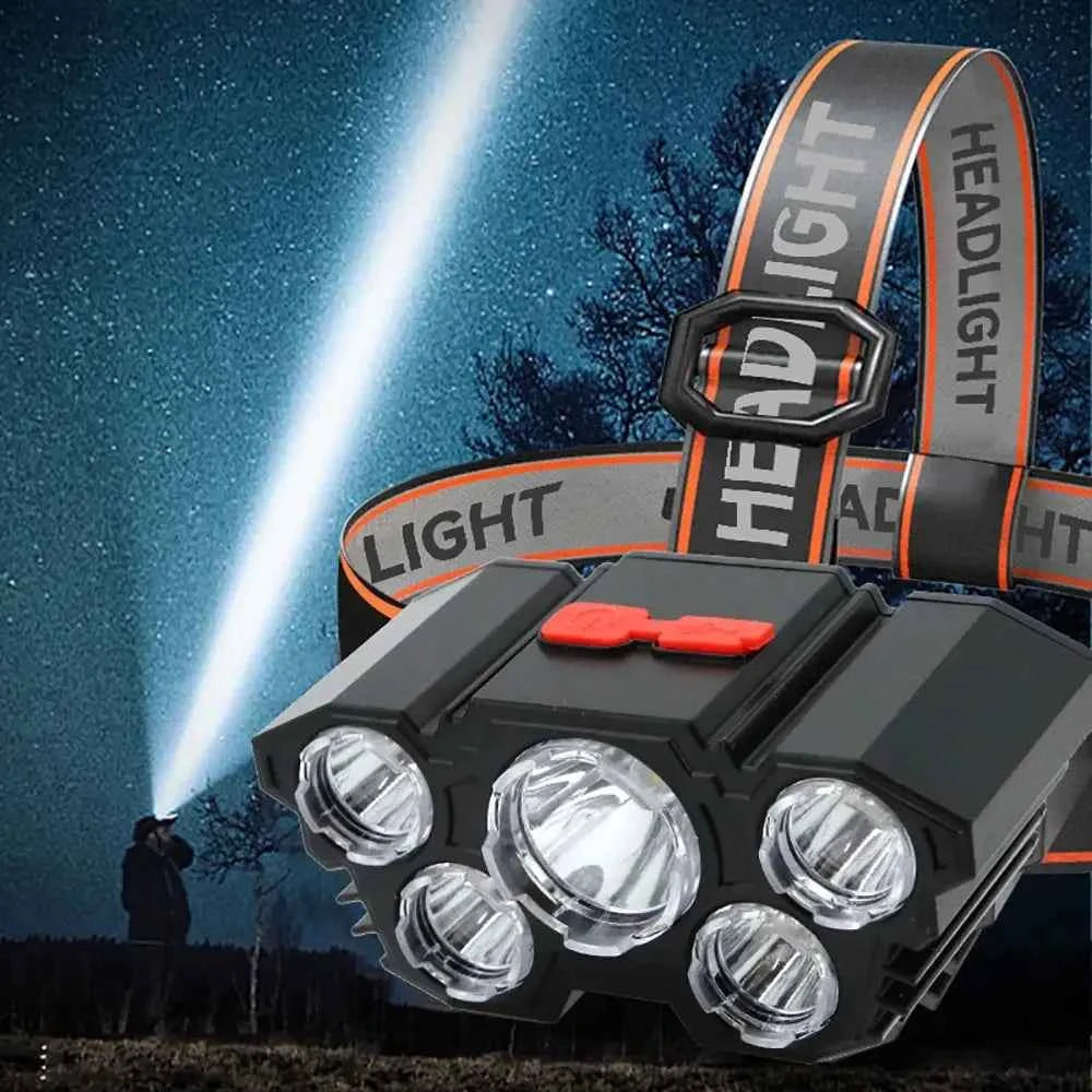 5 LED Flashlight Rechargeable with Built in Lithium Battery Strong Head Light Camping Adventure Fishing Cycling Headlamp