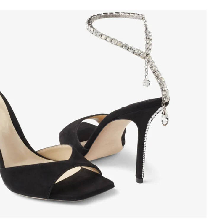 Colorful Chain Water Diamond Sandals Brand Walk Show Fish Mouth Evening Dress Elegant High Heels 2023 New Pendant Women's Shoes