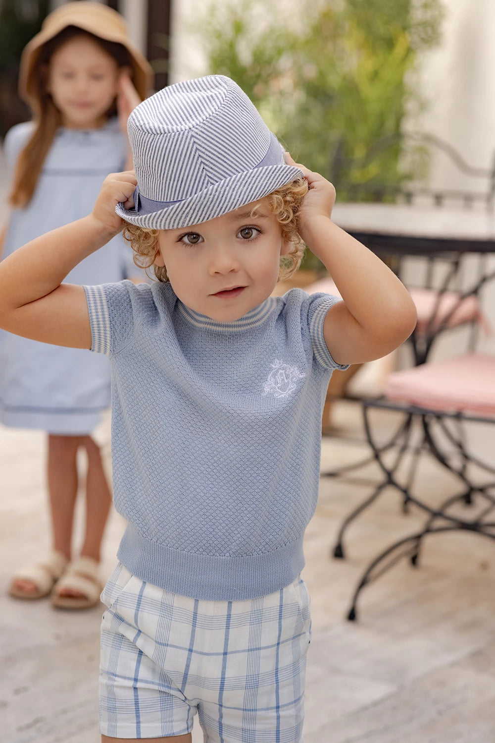 AP Barcelona Blue Collection Girls Dress Embroidery Brothers Sisters Family Matching Clothing Boys Plaid Set Knit Top