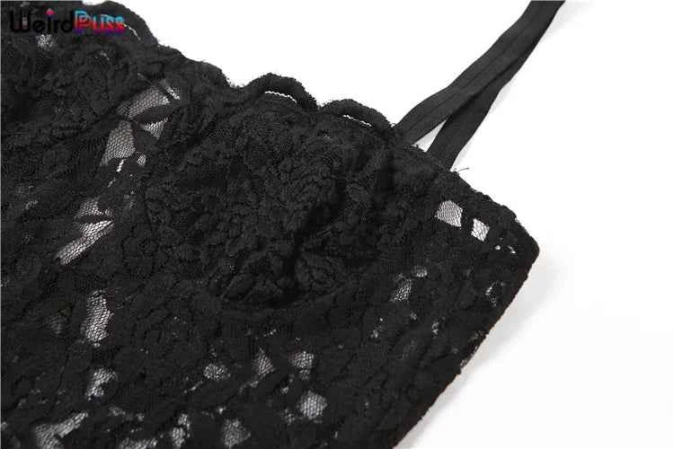 Weird Puss Lace Black Women Maxi Dress See Through Sleeveless Ladies Sexy Coquette Nightclub Party Bodycon Slim Fit Vestidos