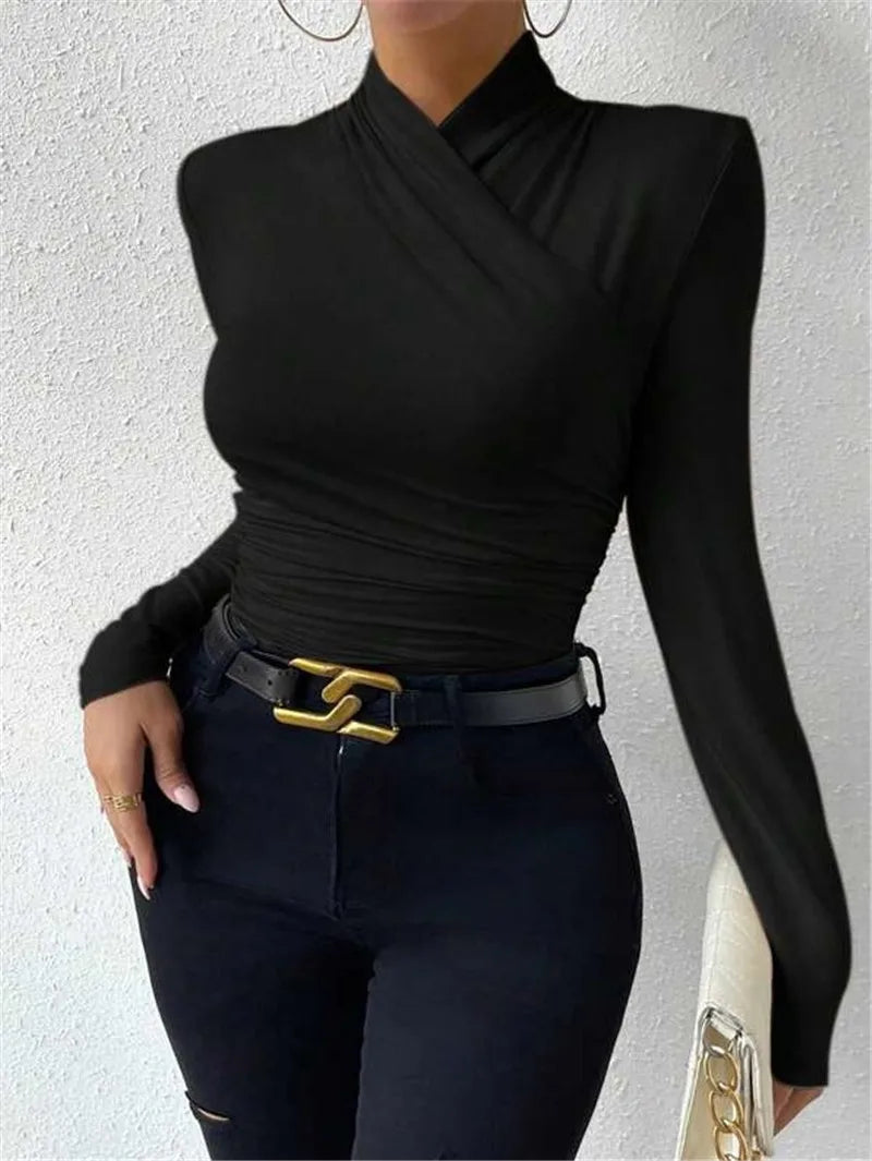 Women's Clothing Autumn Winter Tshirts New Design Cross Neckline Versatile Pleated T-shirt Comfortable Fashion Slim Fit Sexy Top