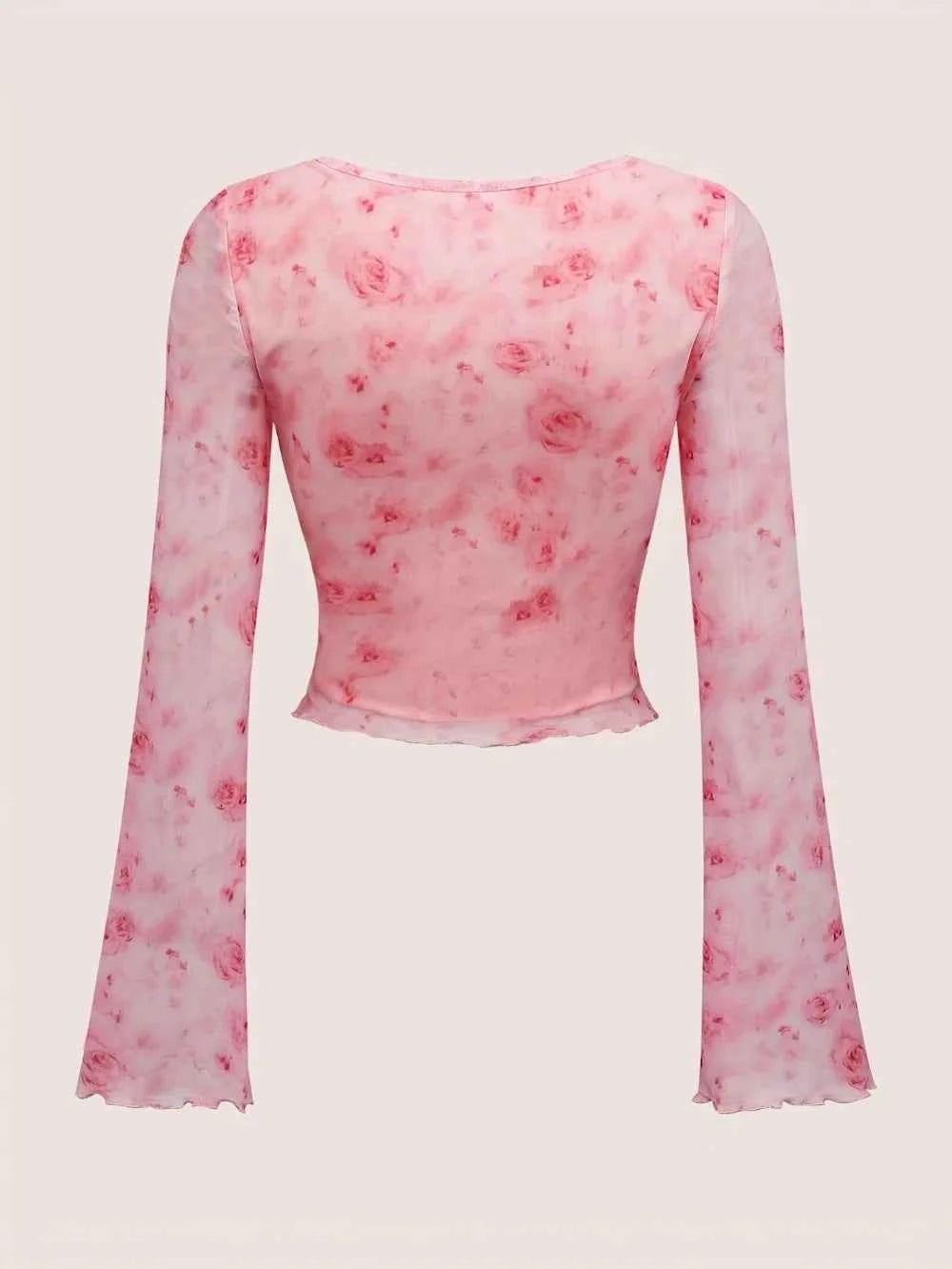 Women's T-Shirt Floral Printed Sweet V-Neck Mesh Summer Vacation Swimsuit Top Flare Long Sleeve Bow Tie Lace Up Woman Clothing