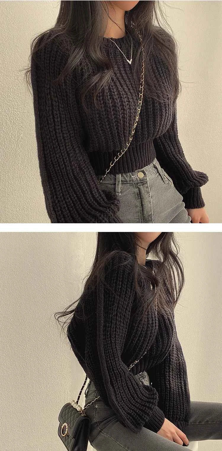 Loose Vintage Harajuku Lantern Long Sleeve Women Sweater Korean Autumn Winter Knitwear Soft Warm Tops Chic Solid Femme Sweater