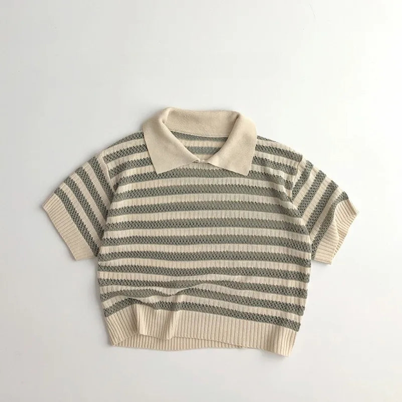 Spring and Summer Japanese Korean 1-6Y Children's Hollow Knitted Shirts Stylish Girl's Boy's Striped Short Sleeved T-shirts