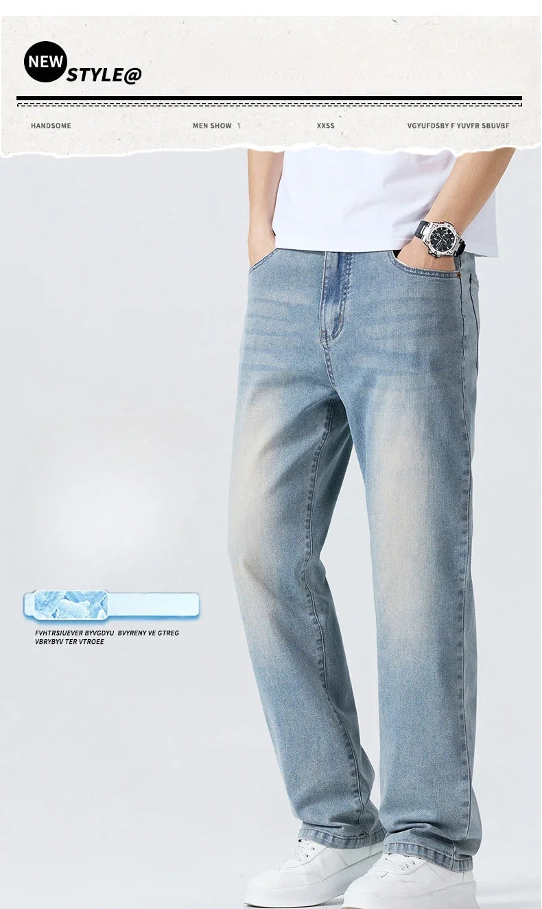 Men's Summer Thin Comfortable Jeans, Fashionable and Breathable Business Straight Pants, Loose Retro Casual Denim Trousers