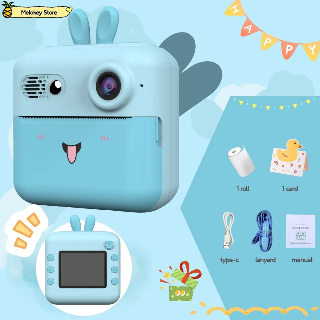 Kids Photo Camera Printer with Game Cute Bunny Mini Digital Video Child Instant Print Camera 4-12 Years Kids Girls Boyes Gifts