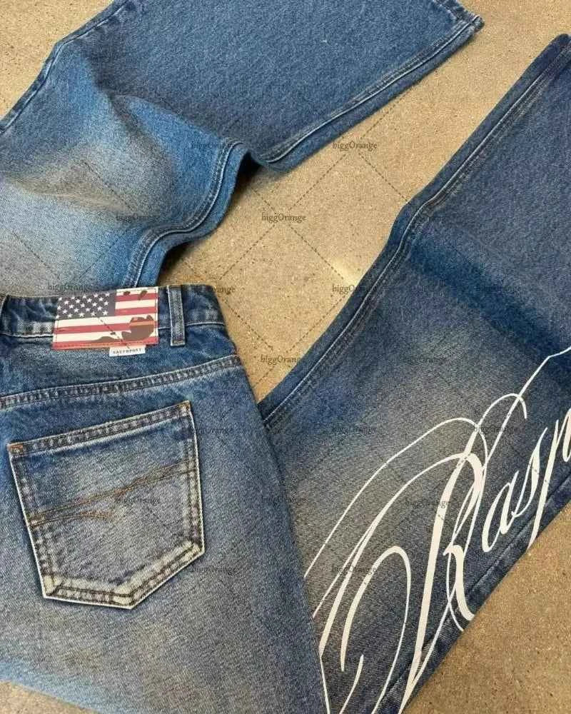 Street Retro Harajuku Y2K Jeans Women High Street Trendy Vintage Clothing Hip-hop Punk Casual Blue Denim Micro-flare Pants
