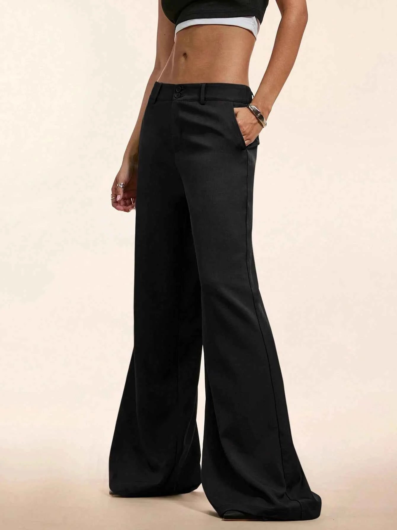 Women's Elegant Low Waist Personalized Slight Flared Leg Pants Casual Ribbed Wide Leg Mopping Trousers Streetwear 2025