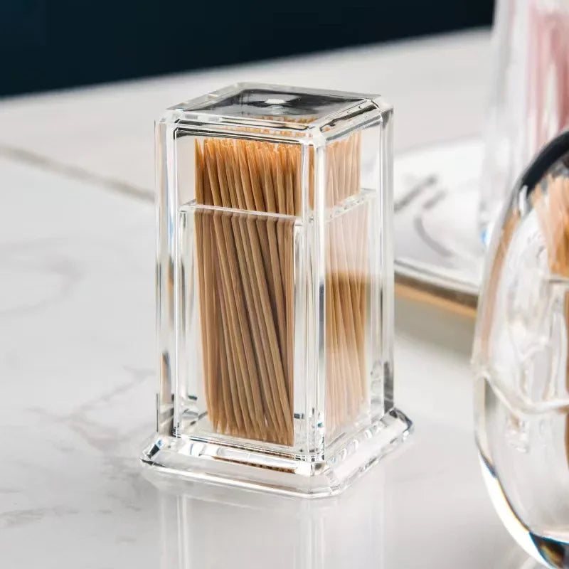 Acrylic Material Transparent Square Dustproof Toothpick Storage Organizer Box With Lid For Home Living Room