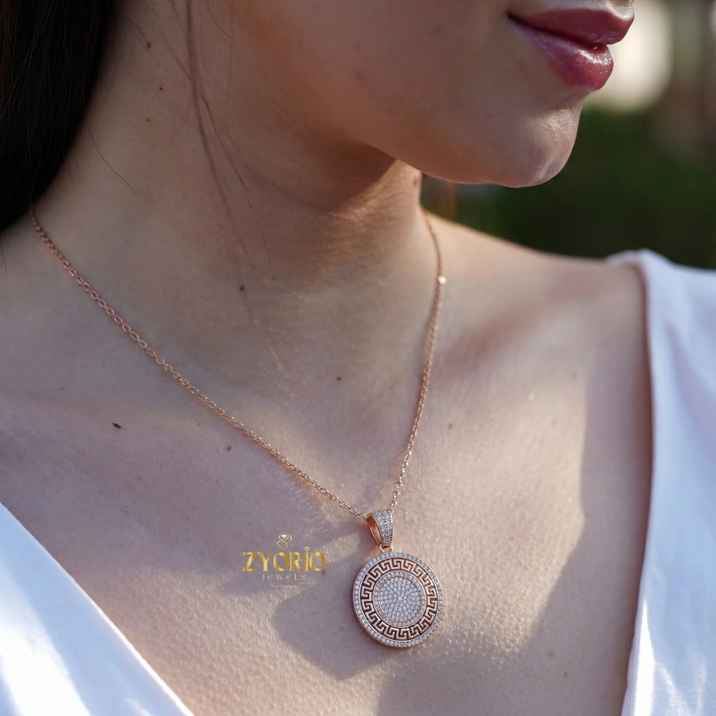 Gold Plated Greek Key Diamond Medallion Link Chain Pendant Luxury Engagement Wedding Anniversary Party Jewelry