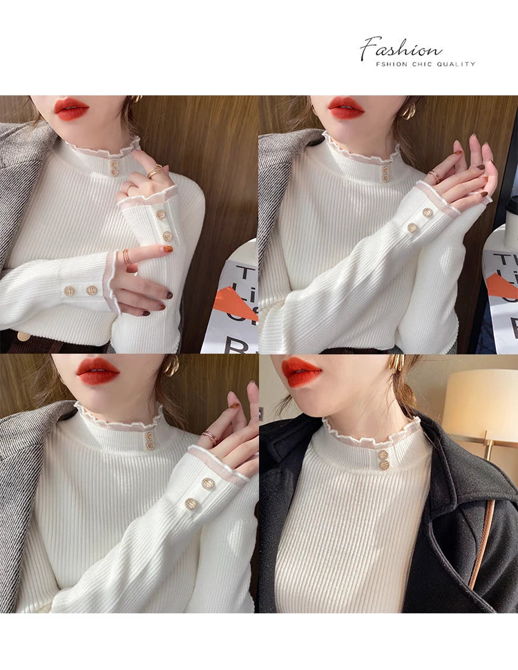 2026 Knitted Women Sweater O-neck Button Pullovers Autumn Winter Basic Sweaters for Female Pullover Slim Solid Bold Lace Tops