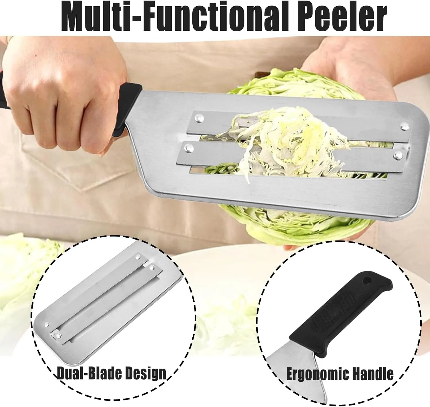 Stainless Steel Cabbage Chopper Black Kitchen Knife for Slicing Grating & Shredding - Sharp Blades Easy Clean Durable Ideal for Sauerkraut Coleslaw Vegetables