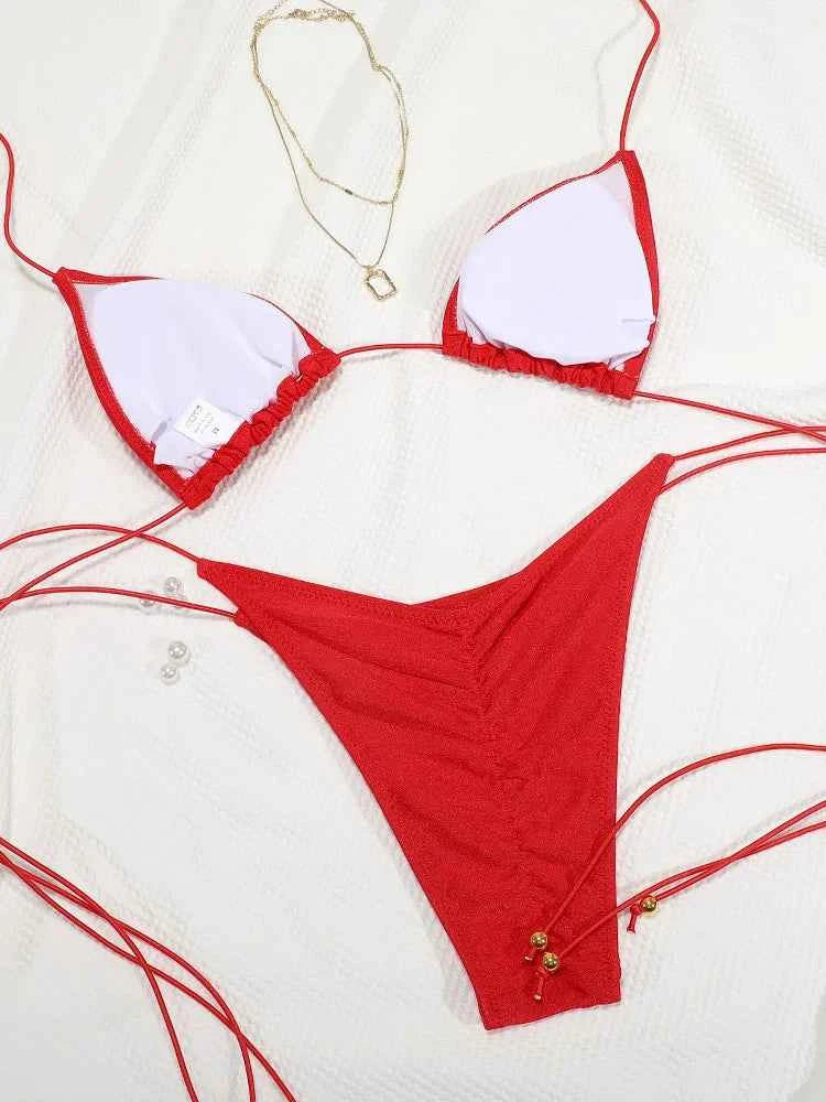 Sexy Triangle Swimsuit Tie Bikini Push Up Women Swimwear High Cut Bathing Suit Brazilian Biquini Sexy Solid Bandage Beachwear