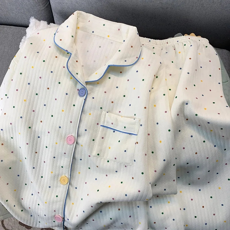 Korean Style Colourful Dot Women's Sleepwear Set 2025 Autumn Winter New Pajamas Set Cute Lapel Neck Casual Homewear 2PC Suit