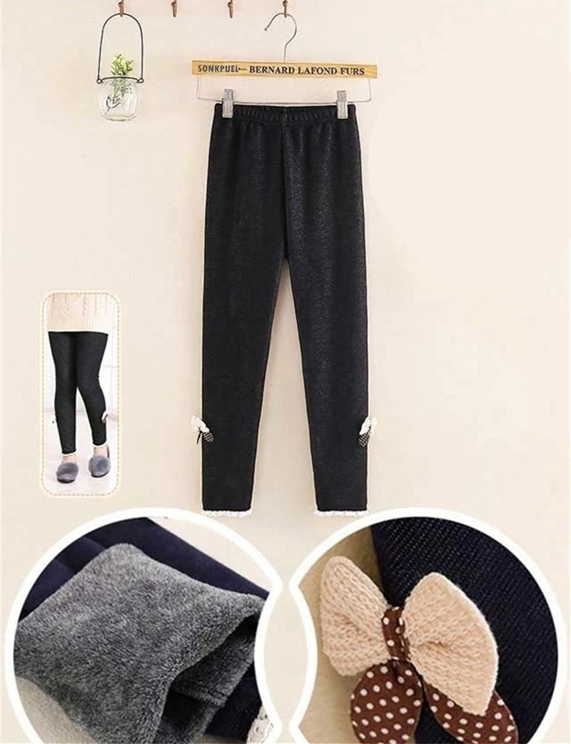 New Autumn Winter Girls Jean Pants Warm Children Leggings Thicken Velvet Bowknot Kids Trousers Baby Girl Pants Icing Leggings