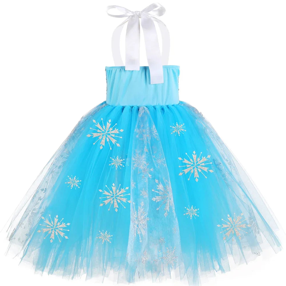 Sequins Elsa Costume for Girls Sky Blue Snow Queen Tutu Dress Snowflake Kids Halloween Birthday Carnival Party Princess Costume
