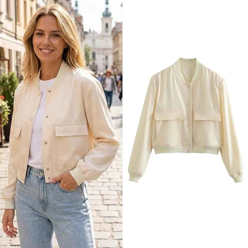 Willshela Women Fashion Solid Bomber Jackets Coat With Pockets V-Neck Single Breasted Long Sleeves Female Chic Lady Outfits