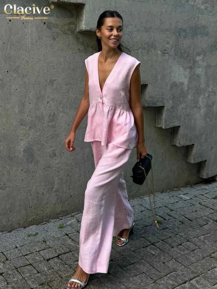 Clacive Summer Loose Pink Cotton 2 Piece Set Women Outfit 2025 Fashion Sleeveless Tank Top With High Waist Wide Pants Set Female