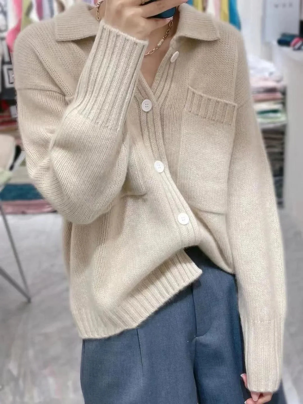 Casual Warm Lapel 100% Pure Wool Ladies Cardigan Sweater Hot Sale Long Sleeve Knit Jacket Women Cashmere Sweater FRSEUCAG brand