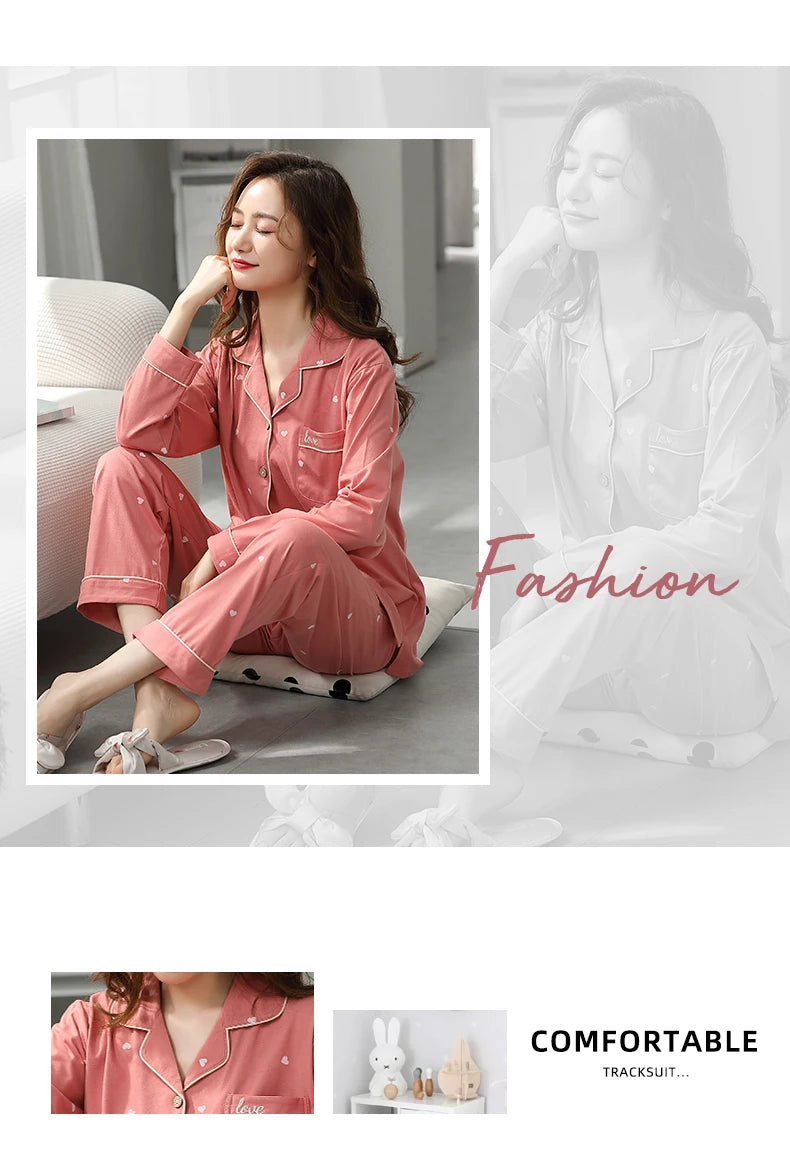 Cotton Pajamas Large Size Autumn Winter Long-Sleeved Home Wear Night Wear Woman Sexy Cardigan Love Pink Large Square Sleepwear