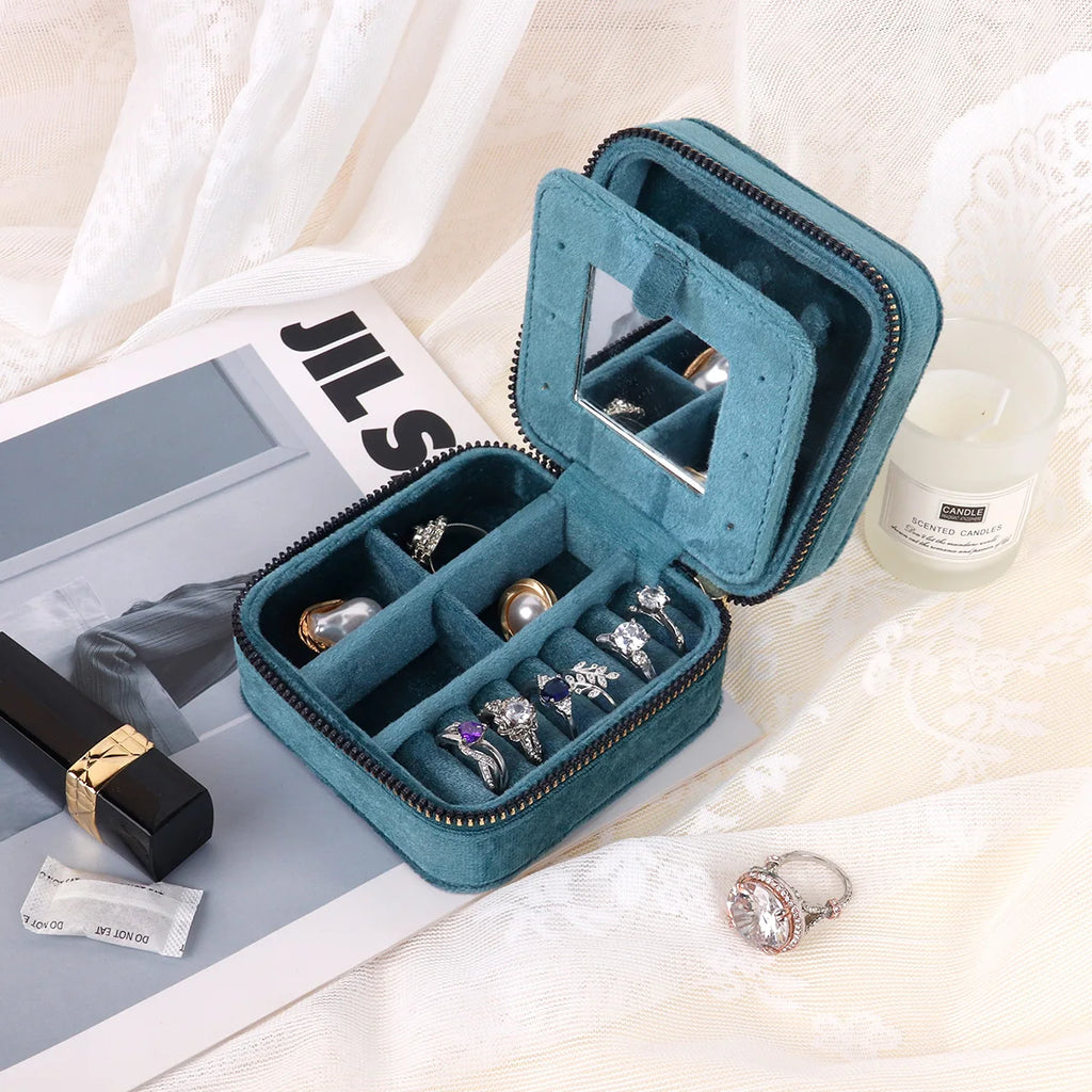 Rhombus Velvet Jewelry Box with Mirror Women Travel Portable Earrings Ring Necklace Storage Display Jewelry Organizer Box