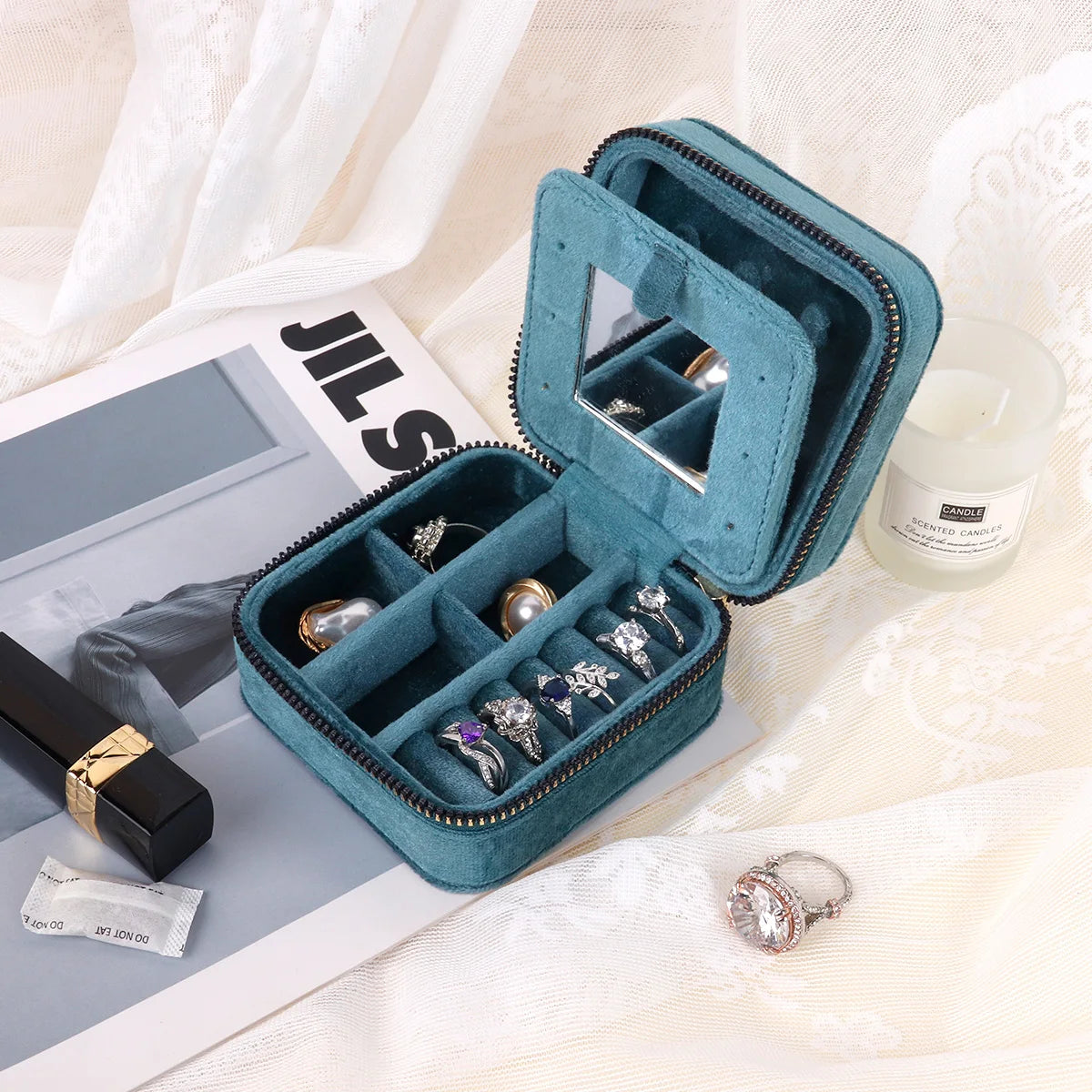 Rhombus Velvet Jewelry Box with Mirror Women Travel Portable Earrings Ring Necklace Storage Display Jewelry Organizer Box