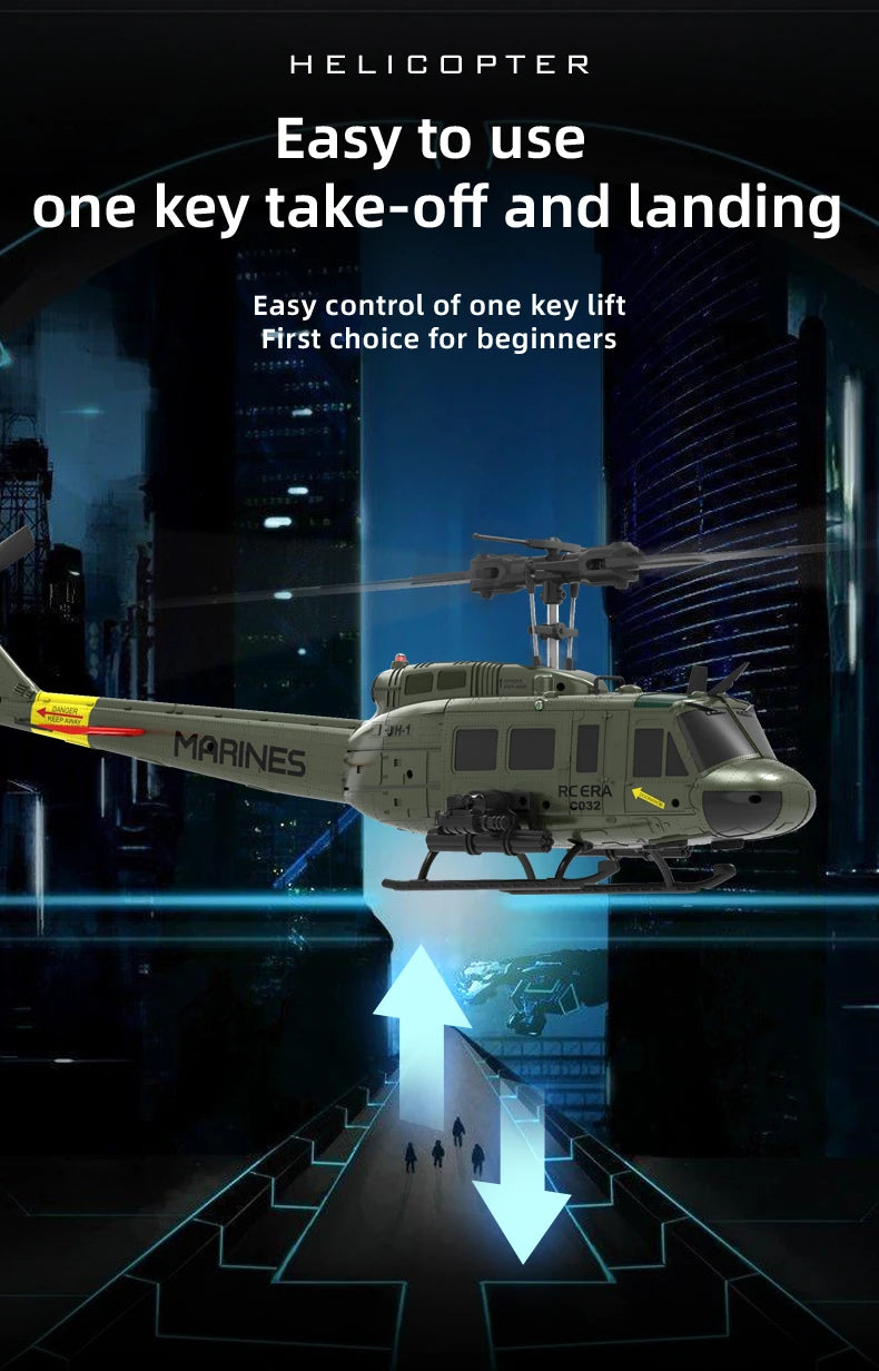 RC ERA C032 UH1 Huey Weathered Marine 6ch RC Helicopter with Optical Flow TOF Auto Stabilized Remote Control Hobby Toys for Boy