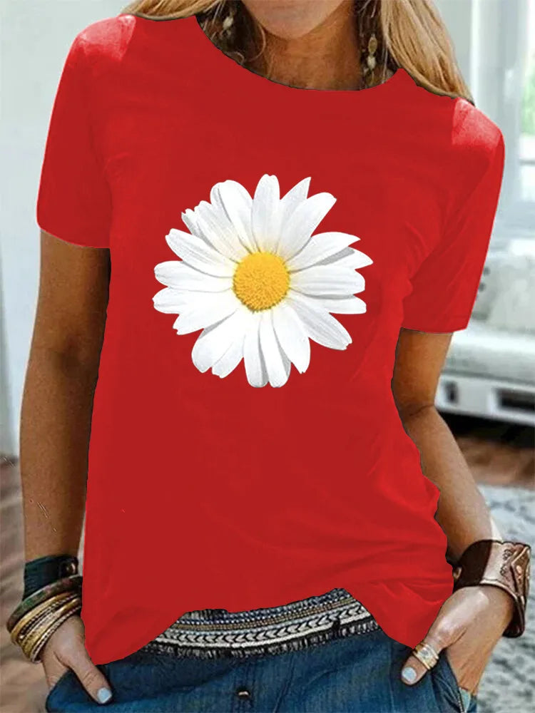 Cotton  100% Women's Round-neck Daisy Print Short-sleeved T-shirt for Women Harajuku  Aesthetic Clothes  Graphic T Shirts  Tops