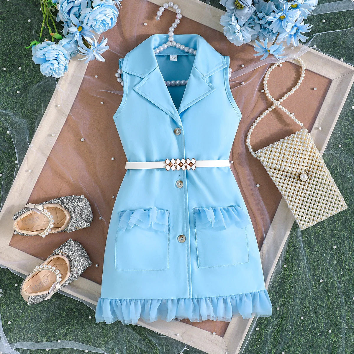 Ceeniu 3-8Y Kid's Jacket Dresses For Girls Lapel Patchwork Frill Blazer Dress For Girls Fashionable Children Clothes Girls