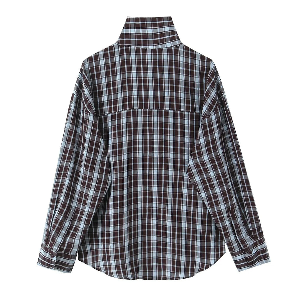 KONDALA Streetwear Casual Chic Women Blouse Plaid Stand Collar Single Breasted Blouse Fashion 2026 Spring Summer Holiday Blouse