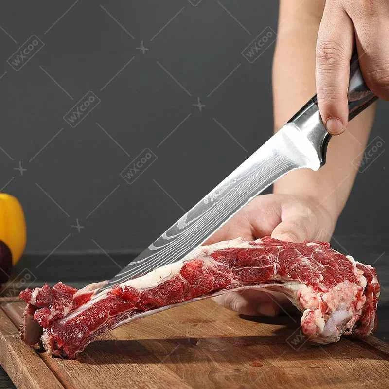 WXCOO Chef Knife Japanese Kitchen Knives Set Professional Laser Damascus Pattern Stainless Steel Meat Cleaver Slicer Knife