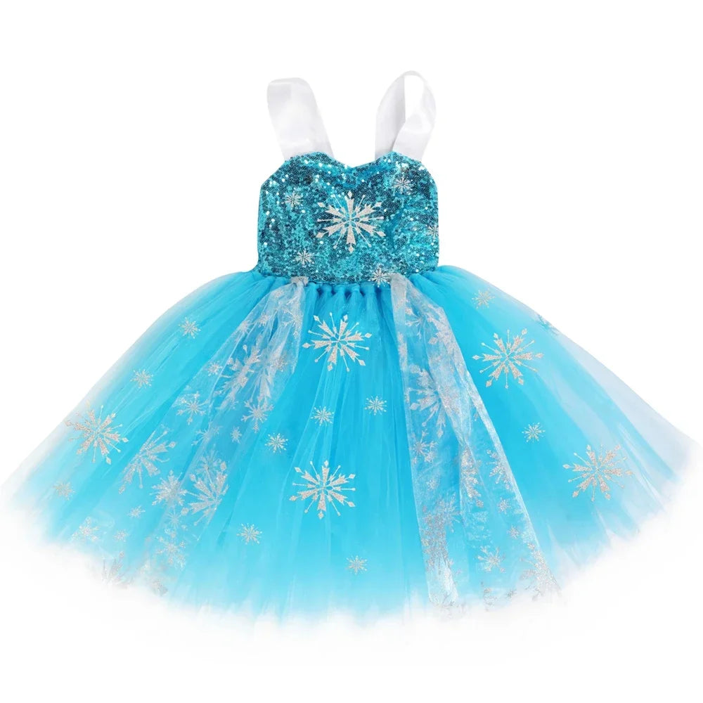 Sequins Elsa Costume for Girls Sky Blue Snow Queen Tutu Dress Snowflake Kids Halloween Birthday Carnival Party Princess Costume