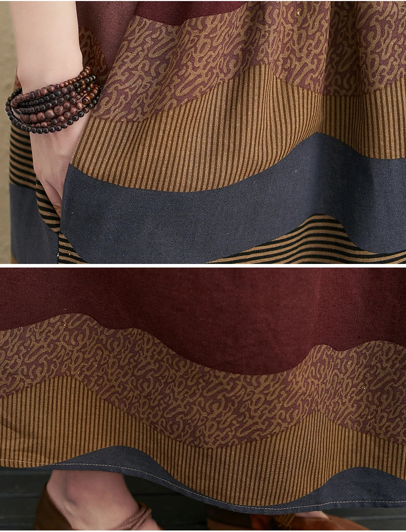 2026 New Summer Cotton Linen Short Sleeve Vintage Striped Print Dresses For Women Long Fashion Dress Elegant Vestidos Robe Femme