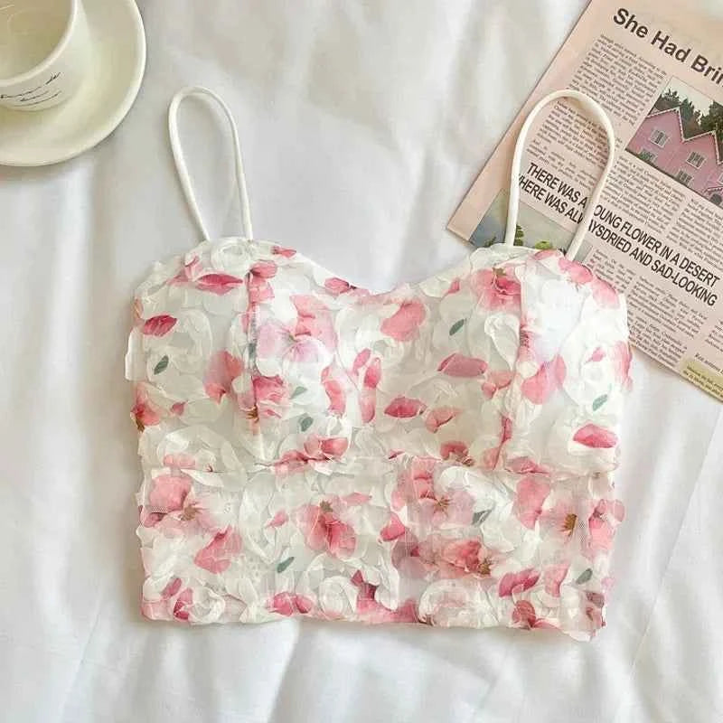 Fashion Sweet Floral Corset Vest Office Lady Beach Style Sleeveless Blouse Women Vintage Lace Slim Crop Top