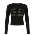 Black T-shirt Women Autumn Letter Print Streetwear Long Sleeves O-Neck Bodycon Sexy Top Button Fashion Casual Slim Tees Female