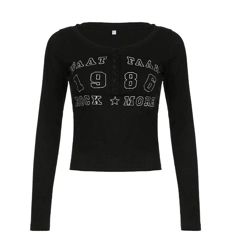 Black T-shirt Women Autumn Letter Print Streetwear Long Sleeves O-Neck Bodycon Sexy Top Button Fashion Casual Slim Tees Female