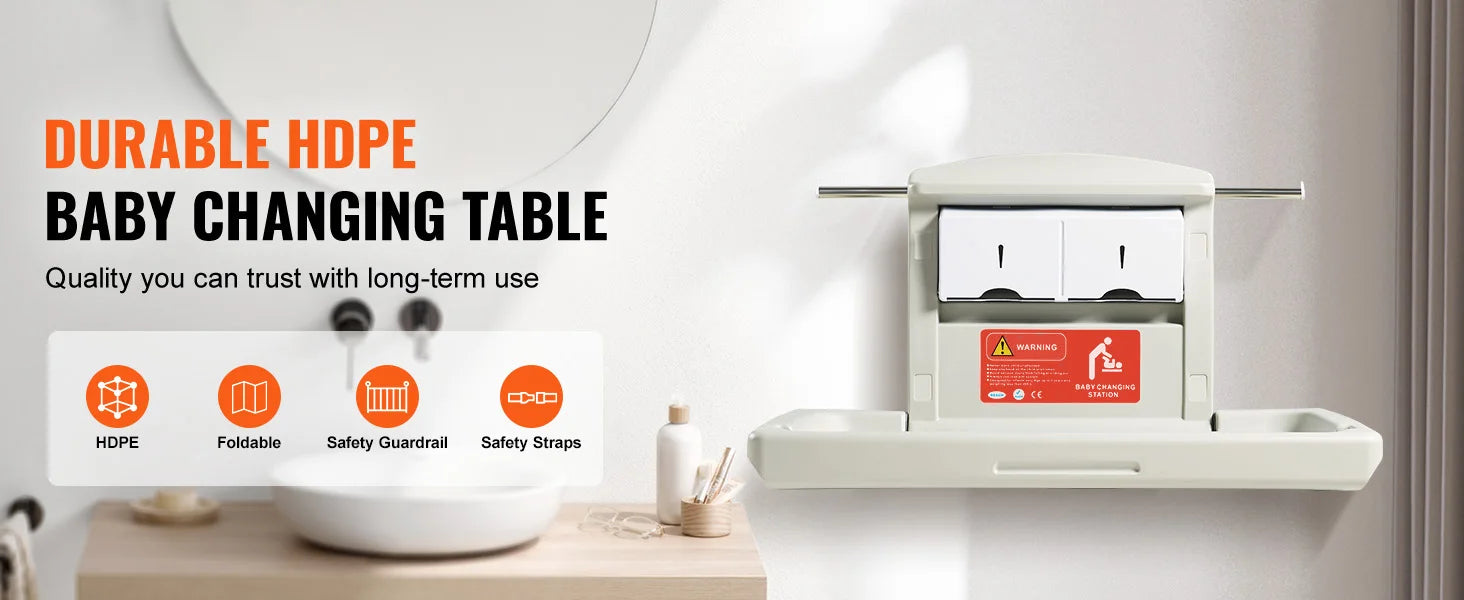 SucceBuy Wall-Mounted Baby Changing Station Horizontal Foldable Diaper Change Table Safety Straps and Hanging Rods for Newborns